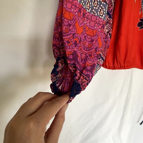 Free People boho flowy top orange pink women's size XS drawstring elastic waist - Picture 2 of 10